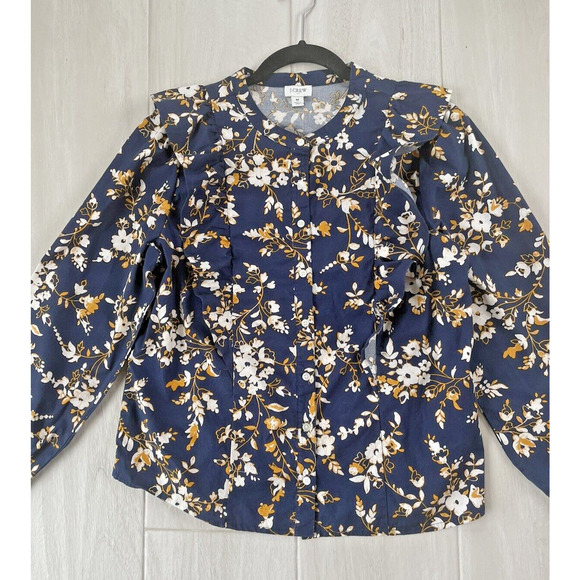 J Crew Shirt Women Medium Navy Gold Ruffle Trim Shoulder Chest Cotton Shirt - Picture 6 of 11